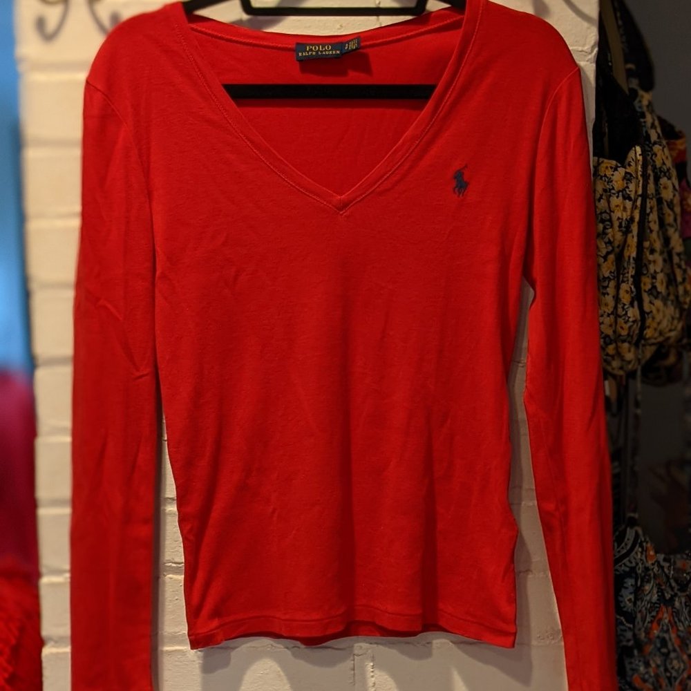 Ralph Lauren Red Jersey V-neck Long Sleeve T-shirt